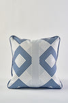 The Mod Geo Diamond in Navy Pillow features a white background with bold navy geometric diamond patterns, vertical light blue center stripes, and dark blue piping—perfect for adding Southern style to your decor.