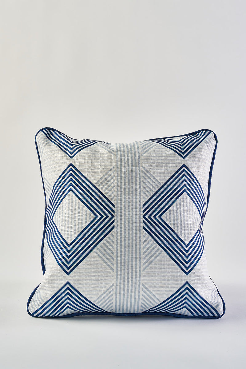 The Mod Geo Diamond in Navy Pillow features a white background with bold navy geometric diamond patterns, vertical light blue center stripes, and dark blue piping—perfect for adding Southern style to your decor.