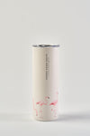 The Flamingo 20oz Tumbler is a white stainless steel tumbler featuring pink flamingos around the base, "SEWING DOWN SOUTH" vertically near the top, a No Sweat Exterior, and a clear plastic lid.