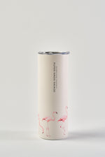 The Flamingo 20oz Tumbler is a white stainless steel tumbler featuring pink flamingos around the base, "SEWING DOWN SOUTH" vertically near the top, a No Sweat Exterior, and a clear plastic lid.