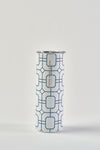 The Blue Lattice 20oz Tumbler, a tall stainless steel cup with a geometric blue and white pattern, silver rim, and no-sweat exterior, stands upright against a plain white background.