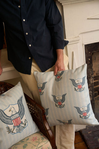 A person in a navy shirt and light pants holds the One Nation Pillow, featuring an eagle and USA shield. Another vintage floral pillow rests on a chair by a white fireplace, adding charm to the cozy, timeless decor.
