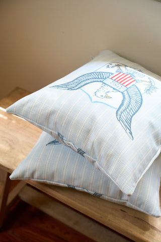 One Nation Pillow: A pair of vintage-style decorative pillows in light blue stripes, featuring an eagle with a shield and branches, are stacked on a wooden bench near a wall in natural sunlight.