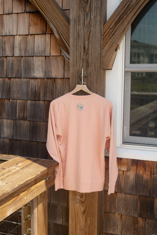 A light pink Charleston Terry Crewneck Sweatshirt hangs on a wooden peg outside on a weathered wooden wall, beside a window with white trim. The unisex Charleston Terry Crewneck Sweatshirt boasts a relaxed fit and features a subtle circular logo at the upper back.