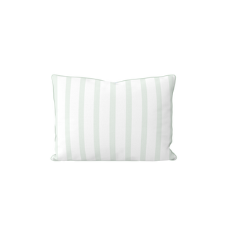 The Hydrangeas All Over Lumbar Pillow, featuring light green and white vertical stripes, is shown against a plain white background.