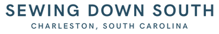 Text logo that reads Sewing Down South in large blue letters, with Charleston, South Carolina in smaller blue letters underneath.