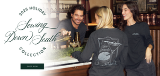Three people wearing long sleeve t-shirts with a Sew Society Cocktails & Caviar design, standing in a bar setting with '2023 Holiday Sewing Down South Collection' text.