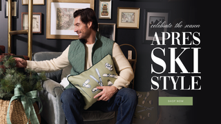 Man holding a Winter Sports Gear decor pillow with 'Apres Ski Style' text and shopping call to action.