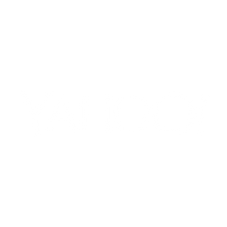 The image displays the word YAHOO! in large, bold, white capital letters centered on a light gray background.