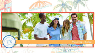 Four people standing together with palm trees and a beach umbrella in the background, featuring the 'Coastal Collection' branding.