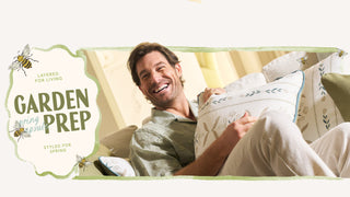 Man lying on a couch, holding a pillow, with 'Garden Prep' text and bee graphics, styled for spring.