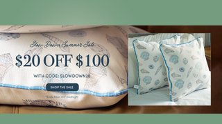 Promotional banner for a slow swim summer set, featuring a large close-up of a beige pillow with a blue seashell pattern and text reading '$20 OFF $100 WITH CODE: SLOWDOWN20' alongside a smaller inset photo of two matching patterned pillows on a bed.