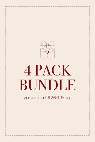 A graphic with a gift box icon above the text "4-Pack Holiday Pillow Cover Mystery Bundle valued at $260 & up" on a beige background with a dashed border, featuring mystery bundle options that may include retired holiday designs or festive holiday pillow covers.