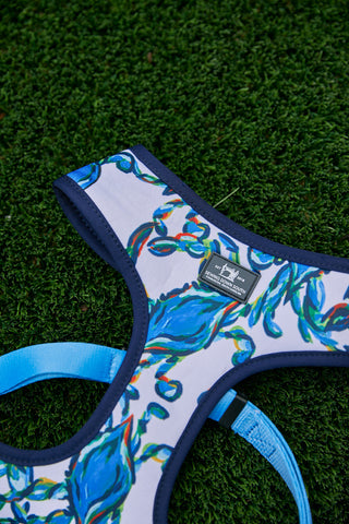 The Crab Craze Dog Harness (S, M, or L) features a blue and green crab print with dark blue trim, displayed on green artificial grass. The label reads “WARE of the DOG NEW YORK,” adding a touch of coastal charm.