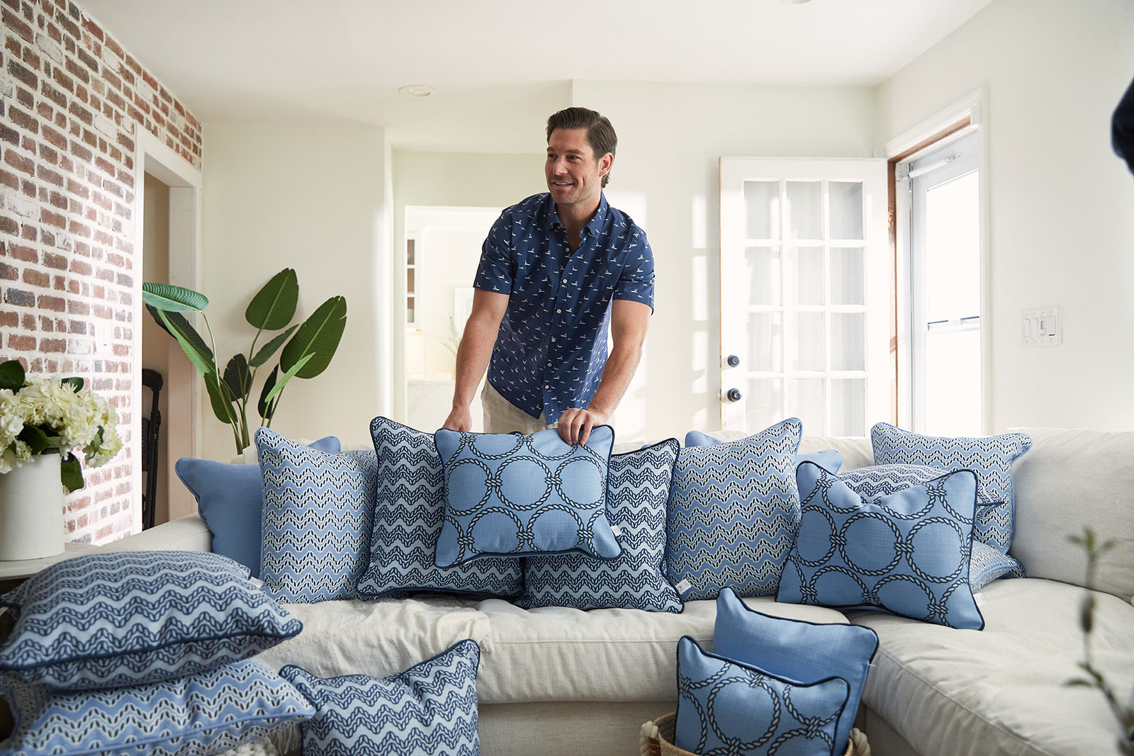 Bel Air Blue Large Rope Rounds Lumbar Pillow Sewing Down South