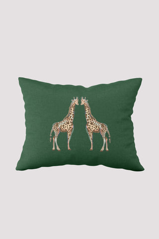 The Giraffes on Grass Lumbar Pillow, a green rectangle, features two symmetrically positioned giraffes facing each other. This captivating design adds an exotic flair to any space.