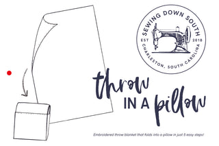 An illustration shows the oversized SDS Embroidered Picnic Blanket with Tassels folding into a pillow, indicated by an arrow. The text reads, Throw in a Pillow. In the top right corner is a circular Sewing Down South logo with an antique sewing machine.