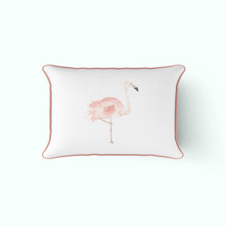The Flamingo Lumbar Pillow from the Sewing Down South collection features a white square design with a light pink flamingo standing on one leg. It has delicate pink piping and is set against a light green background, adding charm to this unique piece.