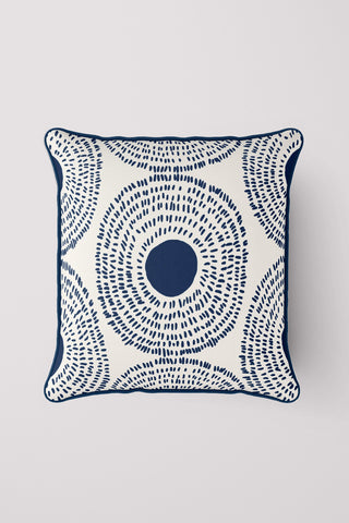 The Navy Medallion Oversized Pillow features a white background with a navy blue abstract circular pattern, inspired by Sewing Down South™, adding coastal chic style to any room.
