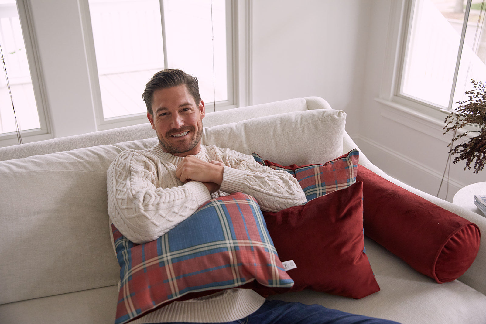 Navy plaid pillow deals