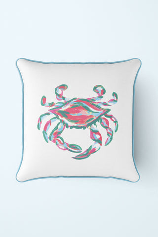 The Outdoor Coral King Crab Pillow features a vibrant abstract crab design in pink and teal on white, accented with blue piping. Made from durable SDS Shield® Outdoor Fabric, it reflects Sewing Down South™ design elegance, enhancing any exterior space.