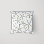 Discover the Starfish Pillow from our Modern Collection—an elegant square cushion with a white background and blue-grey piping, featuring coastal starfish patterns in muted blue and green tones, ideal for any serene setting.